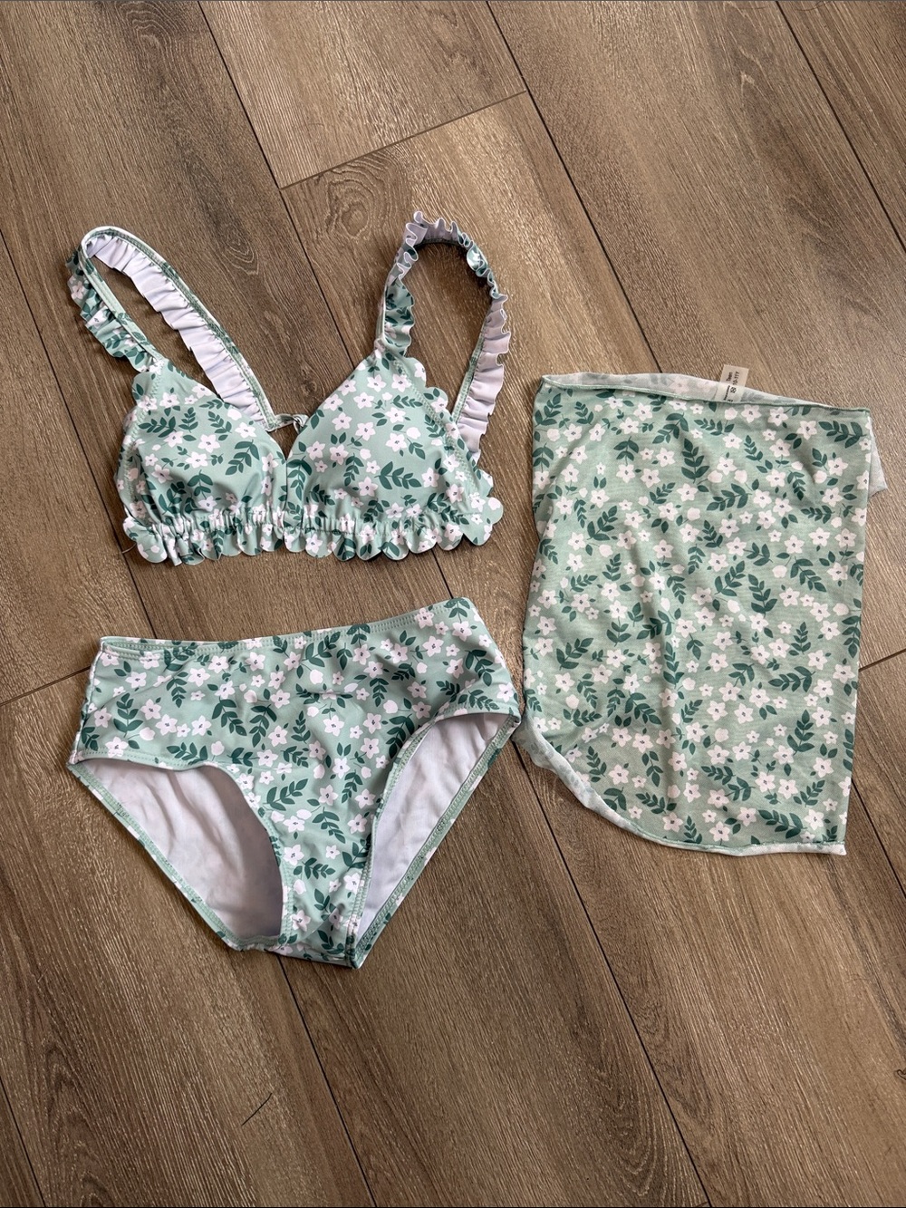 Kids Floral Green Two-Piece Swim Bikini with Cover-Up